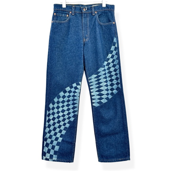 Levi's Denim - Vintage 1980s Levi's Upcycled 505 Dark Wash Blue Checkered Relaxed Fit Jeans